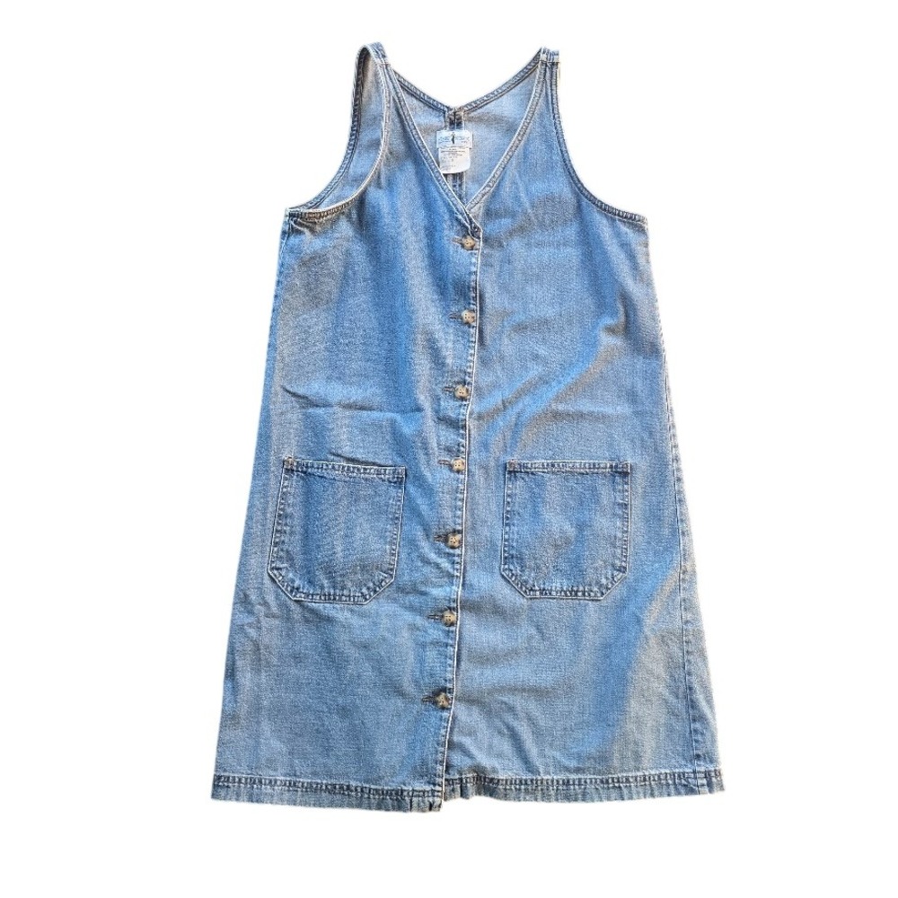 French Dressing Denim Jumper Dress Women 8 Blue Vintage 90s Cottagecore Pinafore